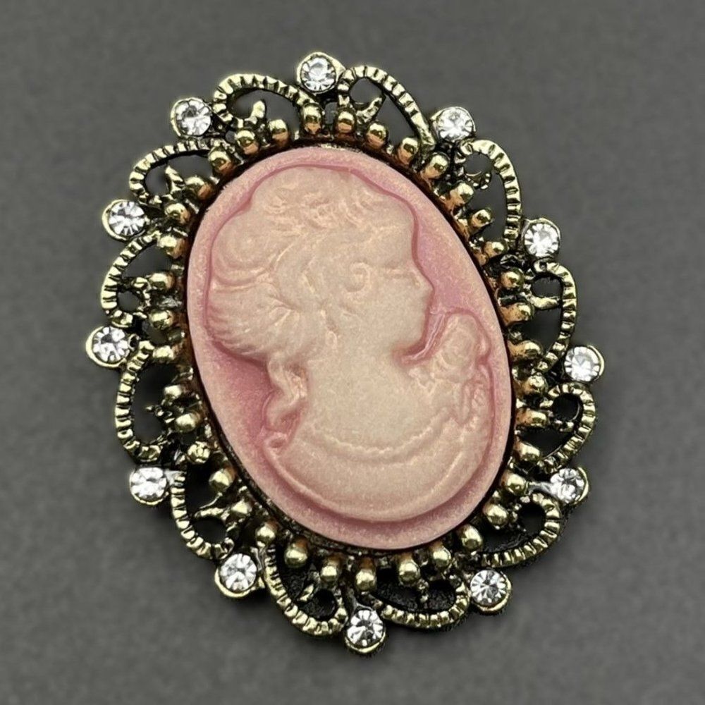 Yellow Gold and Pink with Diamond Crystal Victorian Lady Cameo Pin Back Brooch